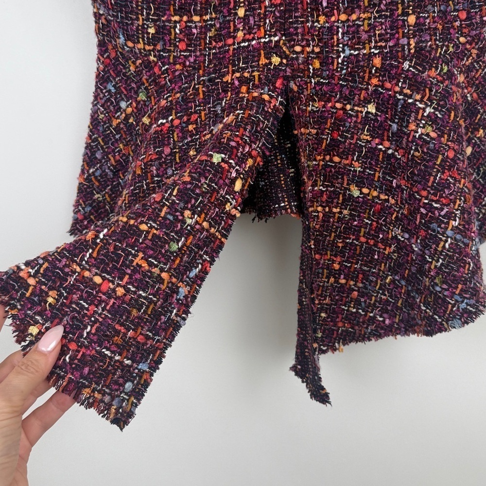 Zara Tweed Peplum Multicolor Purple Pink Raw Hem Drop Split Back Top Size XS - Picture 7 of 11